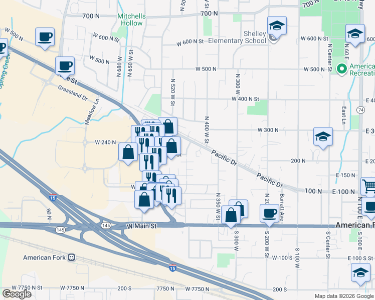 map of restaurants, bars, coffee shops, grocery stores, and more near 399 East 100 North in American Fork