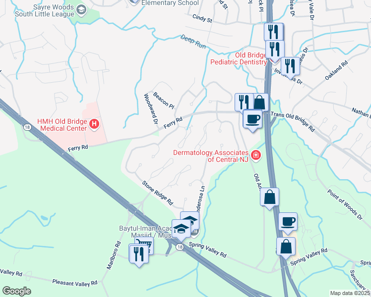 map of restaurants, bars, coffee shops, grocery stores, and more near 24 Emerald Lane in Old Bridge