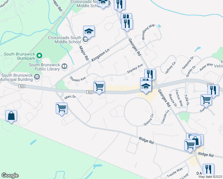 map of restaurants, bars, coffee shops, grocery stores, and more near 17 Isaac Drive in South Brunswick Township