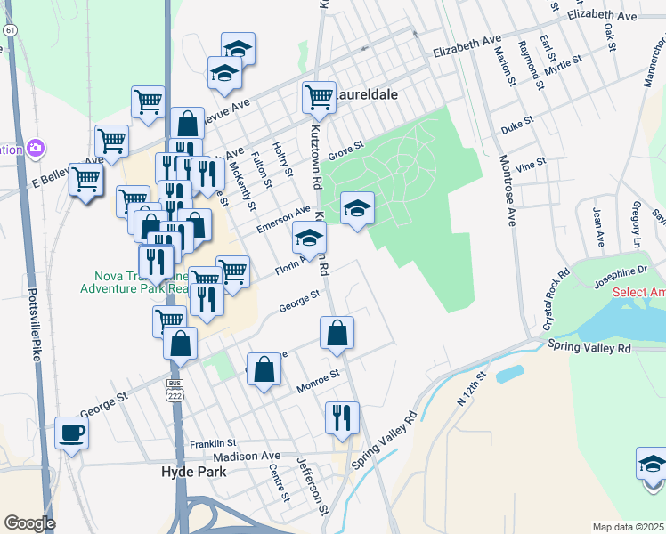 map of restaurants, bars, coffee shops, grocery stores, and more near 3033 Kutztown Road in Reading
