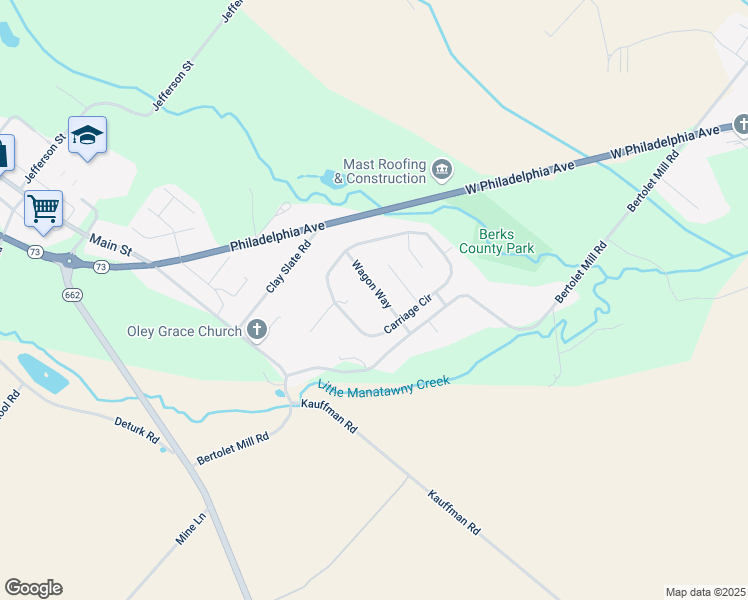 map of restaurants, bars, coffee shops, grocery stores, and more near 16 Wagon Way in Oley
