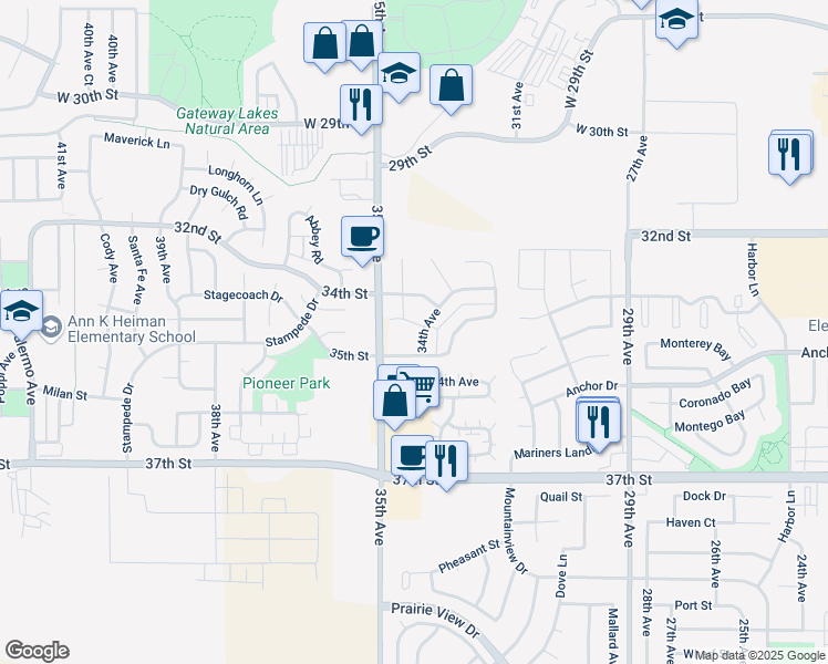 map of restaurants, bars, coffee shops, grocery stores, and more near 3415 34th Avenue in Greeley