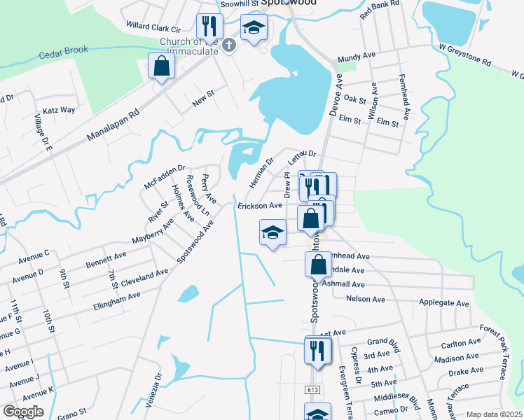 map of restaurants, bars, coffee shops, grocery stores, and more near 48 Harrigan Avenue in Monroe Township