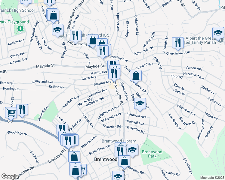 map of restaurants, bars, coffee shops, grocery stores, and more near 2948 Brownsville Road in Pittsburgh
