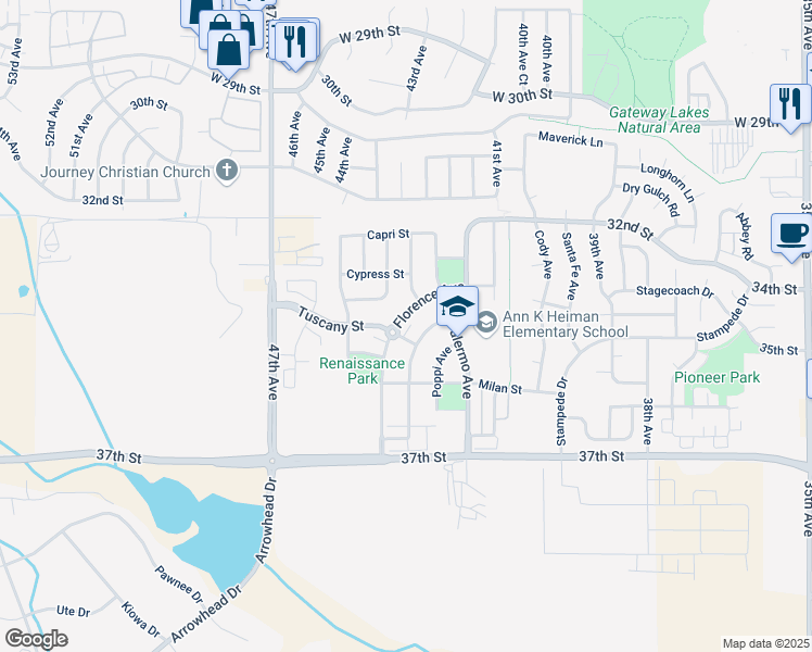 map of restaurants, bars, coffee shops, grocery stores, and more near 3503 Rialto Avenue in Evans
