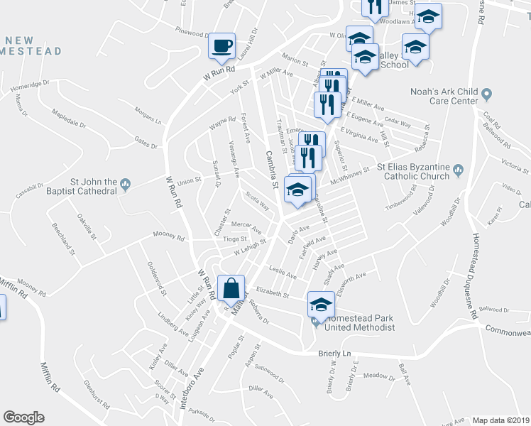map of restaurants, bars, coffee shops, grocery stores, and more near 122 Crawford Avenue in Munhall