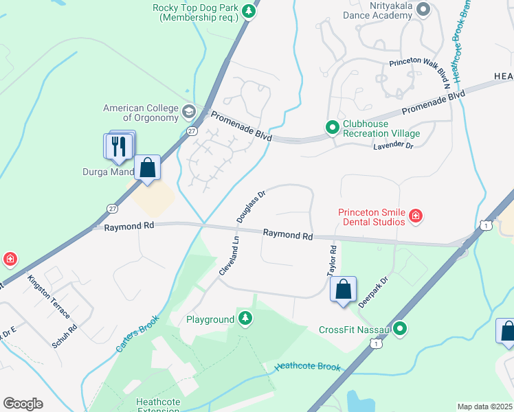 map of restaurants, bars, coffee shops, grocery stores, and more near 6 Douglass Drive in Princeton