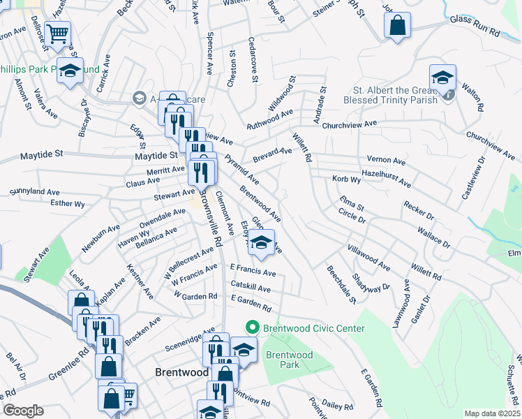 map of restaurants, bars, coffee shops, grocery stores, and more near 3042 Brentwood Avenue in Pittsburgh