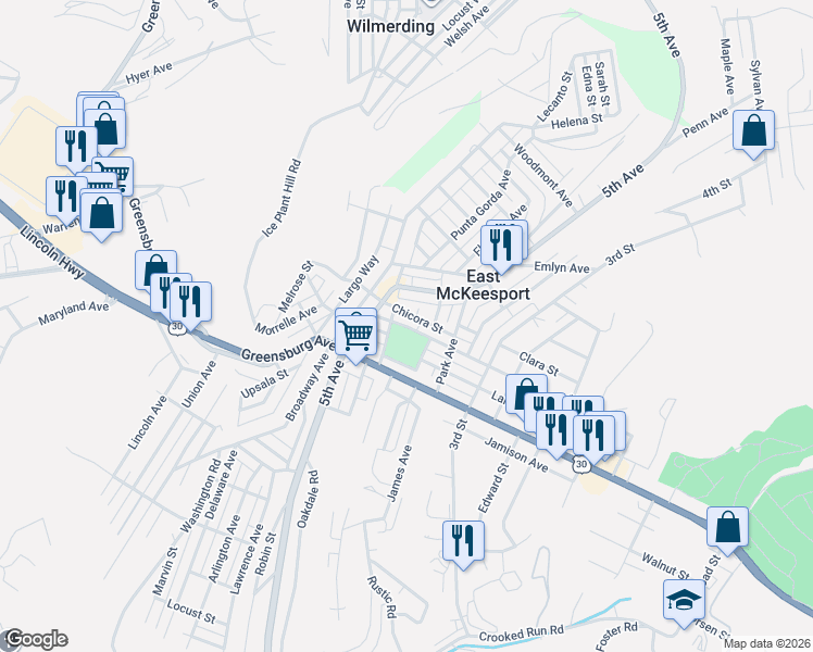 map of restaurants, bars, coffee shops, grocery stores, and more near 538 Chicora Street in East McKeesport