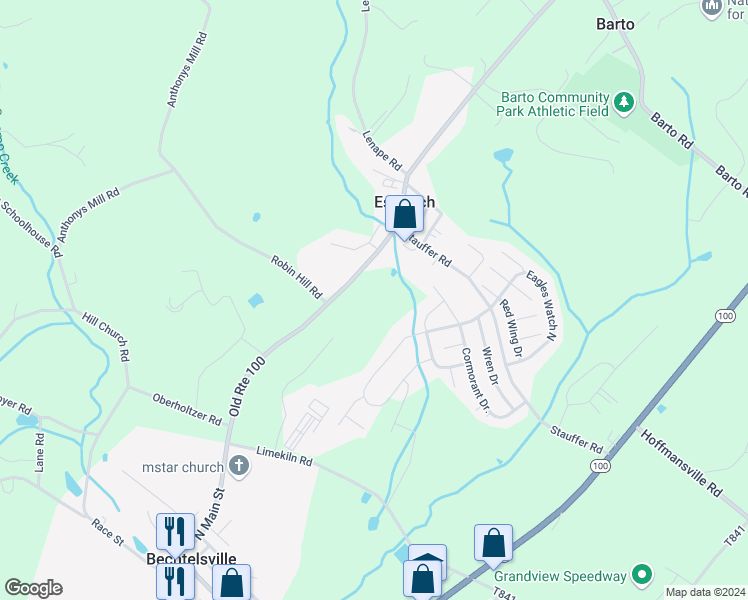 map of restaurants, bars, coffee shops, grocery stores, and more near 2115 Old Route 100 in Bechtelsville