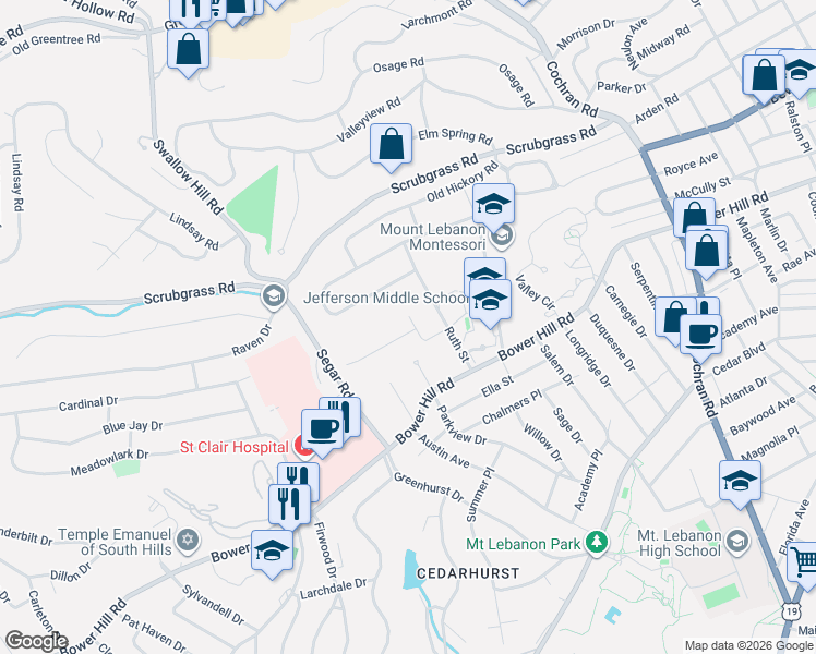 map of restaurants, bars, coffee shops, grocery stores, and more near 825 Foxland Drive in Pittsburgh