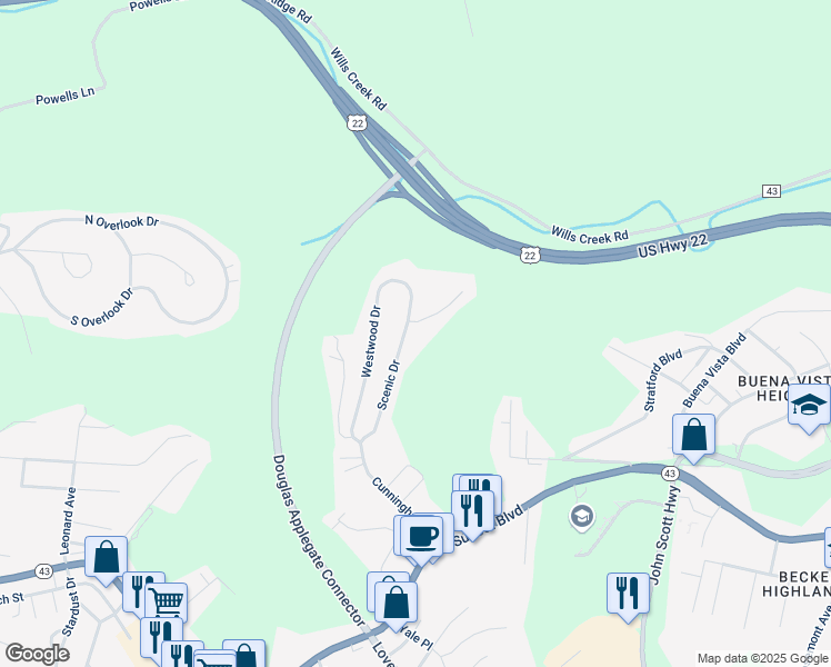 map of restaurants, bars, coffee shops, grocery stores, and more near 420 Scenic Drive in Steubenville
