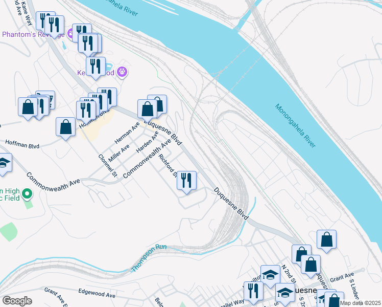 map of restaurants, bars, coffee shops, grocery stores, and more near 708 Duquesne Boulevard in Duquesne