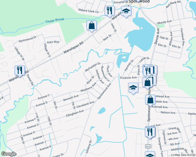 map of restaurants, bars, coffee shops, grocery stores, and more near 12 Holmes Avenue in Monroe Township