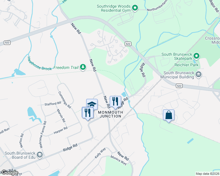 map of restaurants, bars, coffee shops, grocery stores, and more near 356 New Road in South Brunswick Township