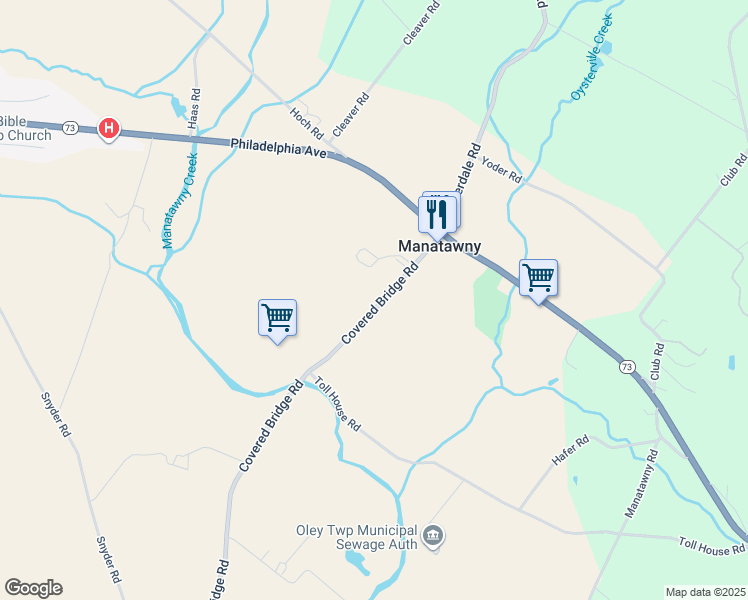 map of restaurants, bars, coffee shops, grocery stores, and more near 42 Covered Bridge Road in Oley