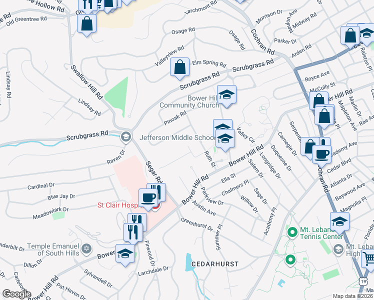 map of restaurants, bars, coffee shops, grocery stores, and more near 825 Foxland Drive in Pittsburgh