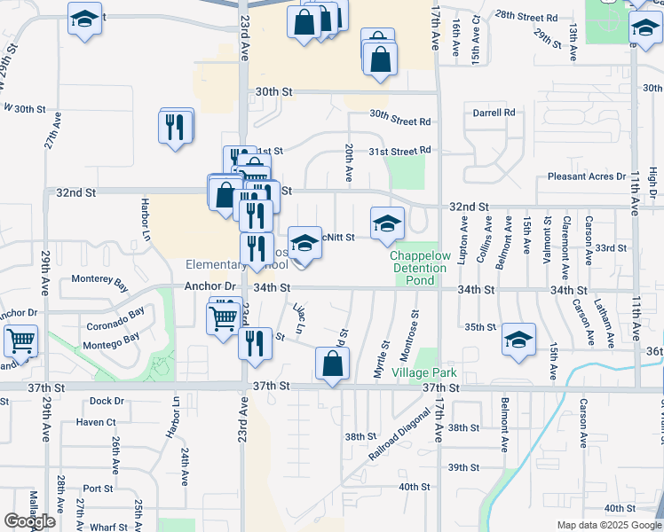 map of restaurants, bars, coffee shops, grocery stores, and more near 2201 34th Street in Evans