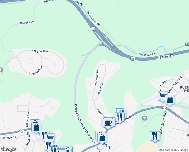map of restaurants, bars, coffee shops, grocery stores, and more near 406 Westwood Drive in Steubenville