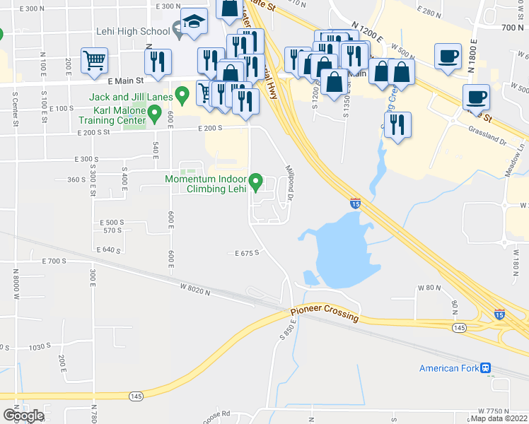 map of restaurants, bars, coffee shops, grocery stores, and more near 525 South 850 East in Lehi