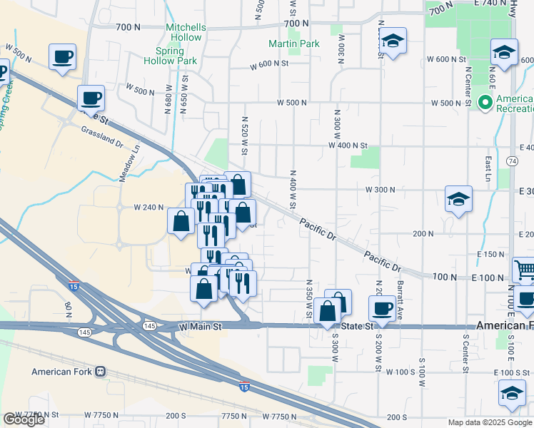 map of restaurants, bars, coffee shops, grocery stores, and more near 399 East 100 North in American Fork