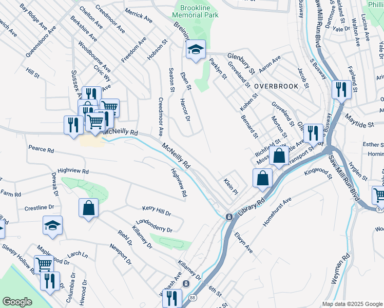 map of restaurants, bars, coffee shops, grocery stores, and more near 2527 Romine Avenue in Pittsburgh