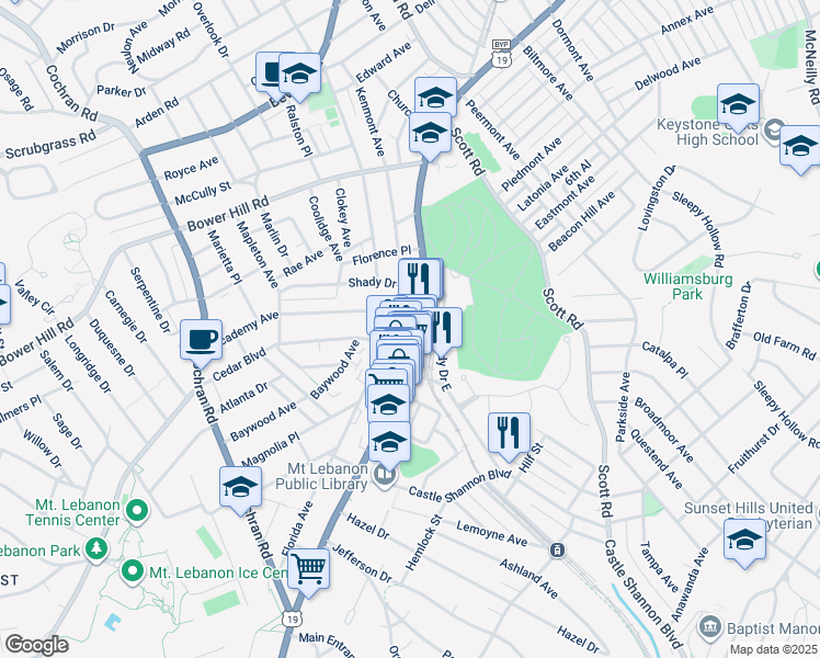 map of restaurants, bars, coffee shops, grocery stores, and more near 650 Washington Road in Mount Lebanon