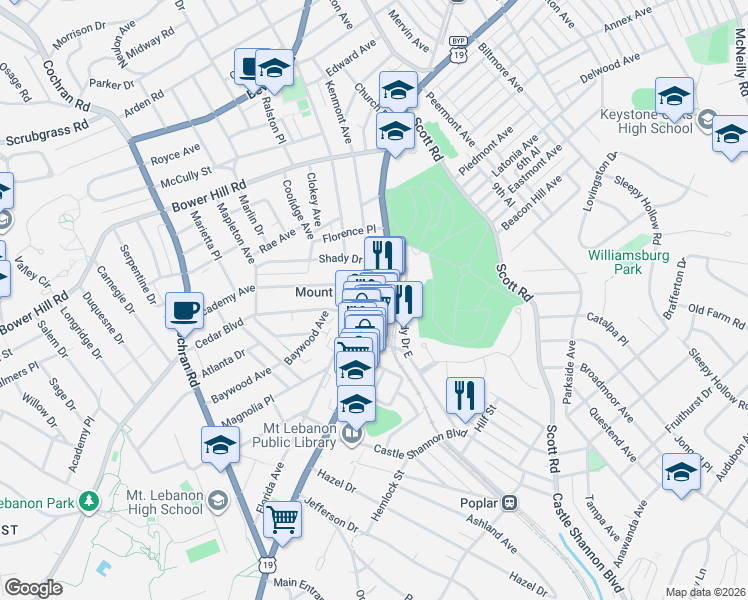 map of restaurants, bars, coffee shops, grocery stores, and more near 650 Washington Road in Mount Lebanon