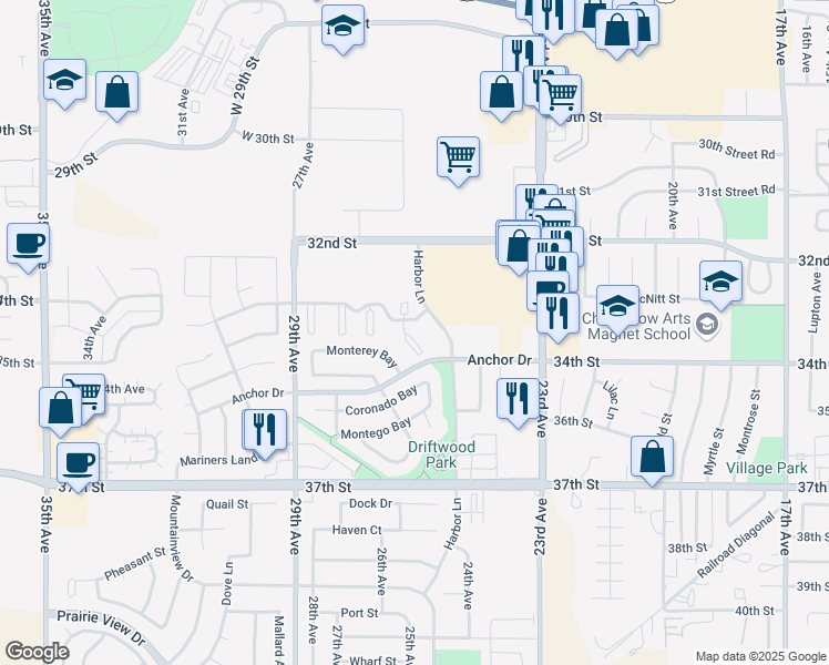map of restaurants, bars, coffee shops, grocery stores, and more near 2520 Crescent Cove Drive in Evans