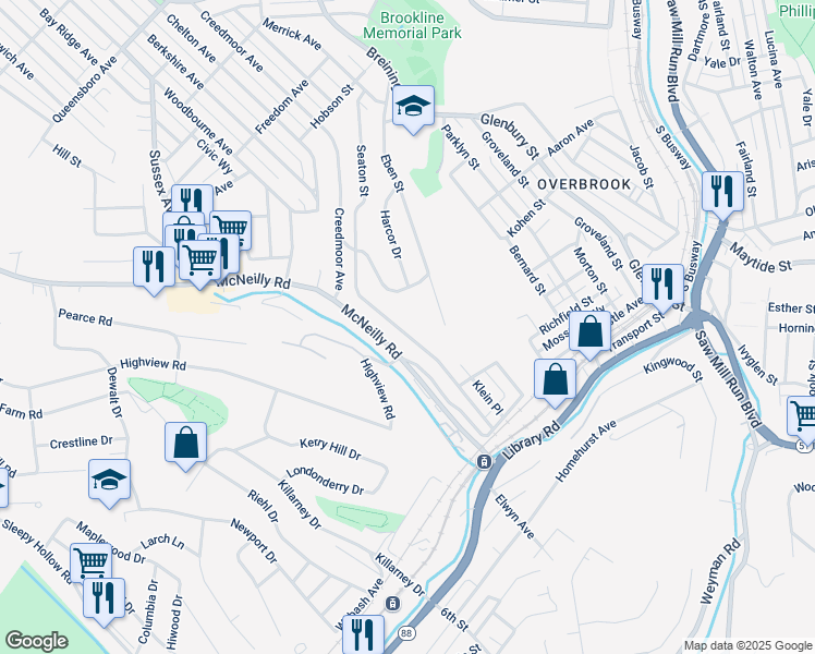 map of restaurants, bars, coffee shops, grocery stores, and more near 2527 Romine Avenue in Pittsburgh