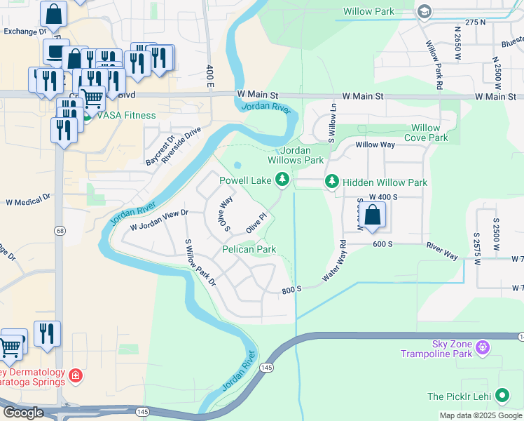 map of restaurants, bars, coffee shops, grocery stores, and more near 472 South Olive Place in Lehi