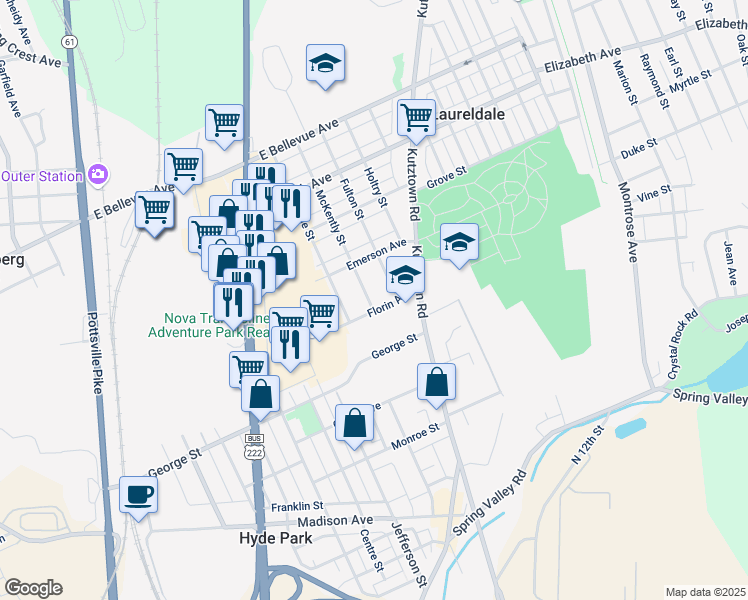 map of restaurants, bars, coffee shops, grocery stores, and more near 3129 McKently Street in Reading