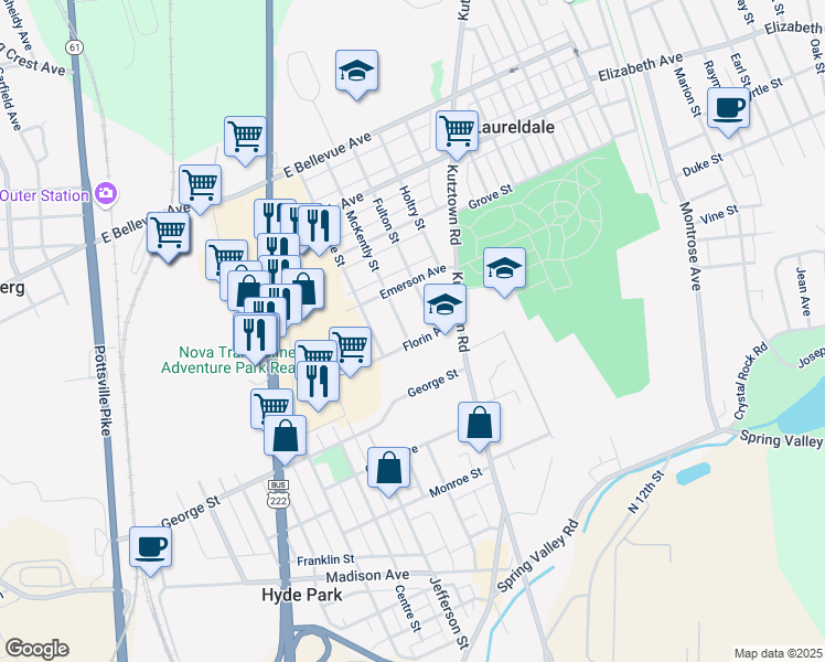 map of restaurants, bars, coffee shops, grocery stores, and more near 3129 McKently Street in Reading