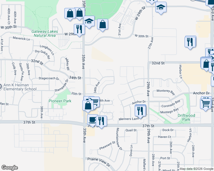 map of restaurants, bars, coffee shops, grocery stores, and more near 3338 35th Street in Evans