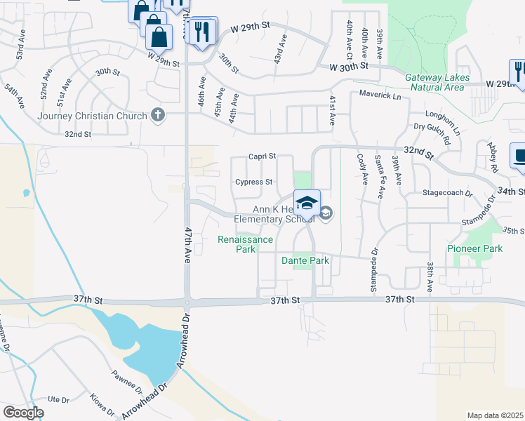map of restaurants, bars, coffee shops, grocery stores, and more near 3503 Rialto Avenue in Evans