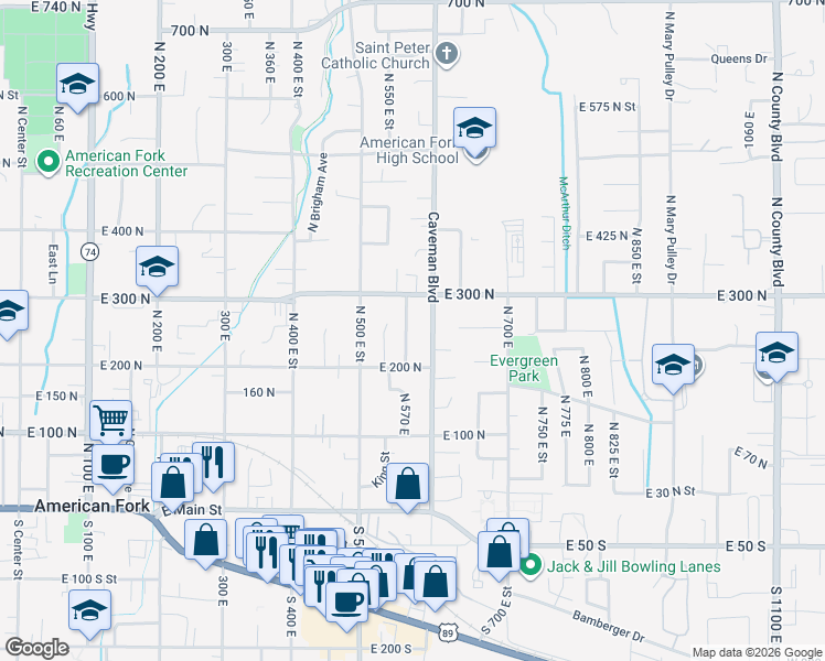 map of restaurants, bars, coffee shops, grocery stores, and more near 220 Robinson Avenue in American Fork