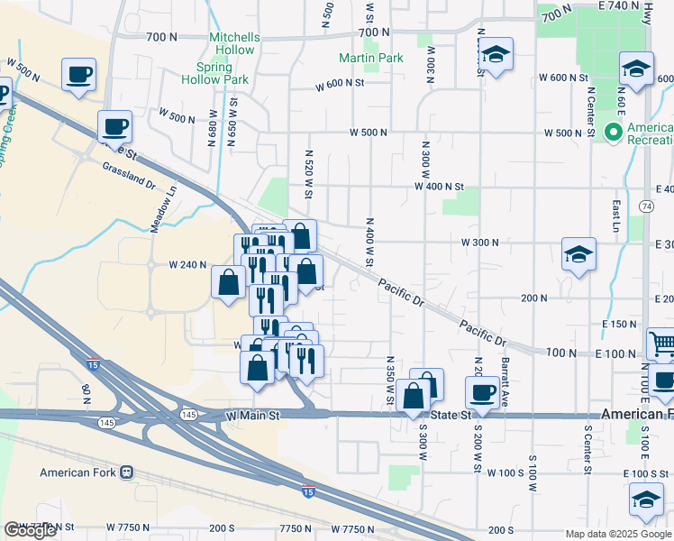 map of restaurants, bars, coffee shops, grocery stores, and more near 399 East 100 North in American Fork