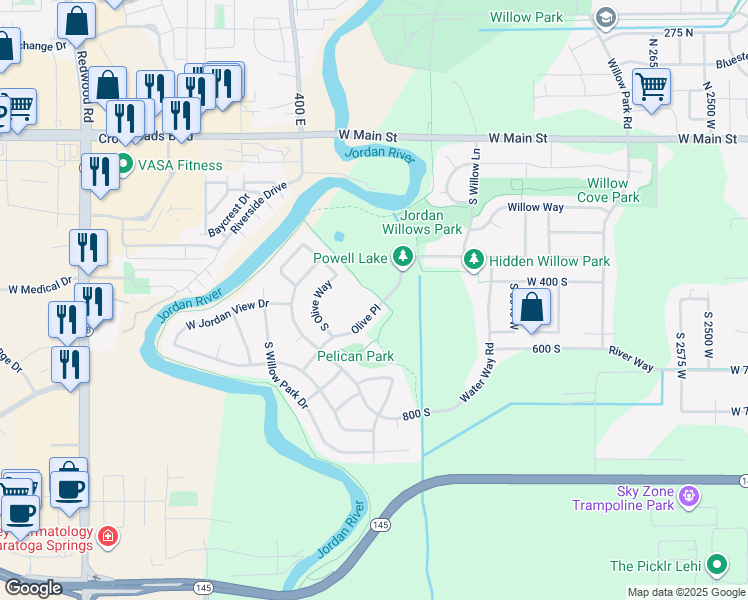 map of restaurants, bars, coffee shops, grocery stores, and more near 472 South Olive Place in Lehi