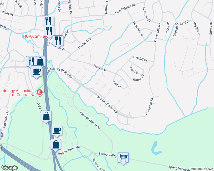 map of restaurants, bars, coffee shops, grocery stores, and more near 57 Glen Oaks Court in Old Bridge