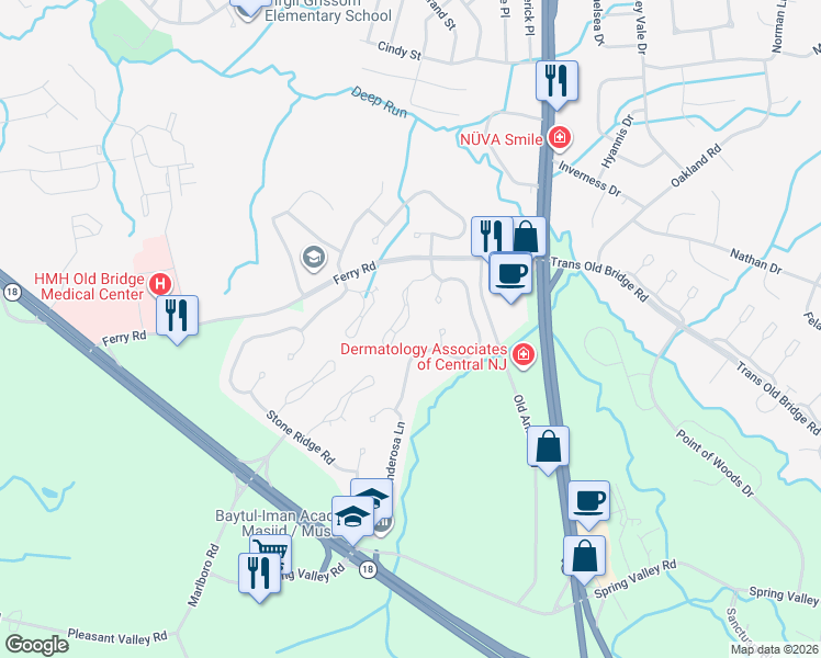 map of restaurants, bars, coffee shops, grocery stores, and more near 6 Willow Drive in Old Bridge