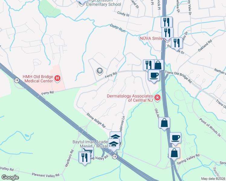 map of restaurants, bars, coffee shops, grocery stores, and more near 19 Emerald Lane in Old Bridge