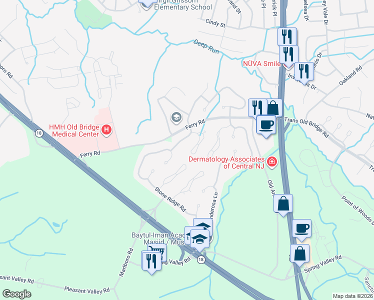 map of restaurants, bars, coffee shops, grocery stores, and more near 19 Emerald Lane in Old Bridge