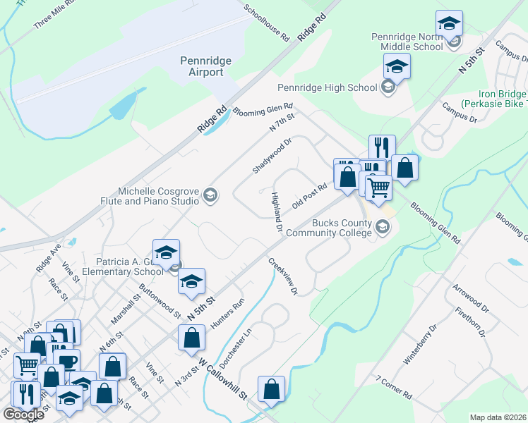 map of restaurants, bars, coffee shops, grocery stores, and more near 506 Highland Drive in Perkasie
