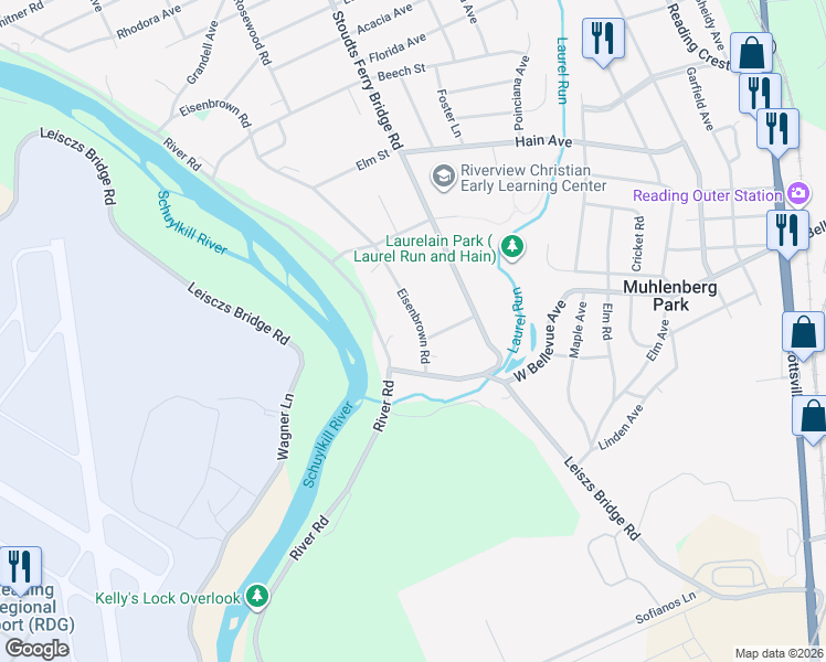 map of restaurants, bars, coffee shops, grocery stores, and more near 3101 River Road in Reading