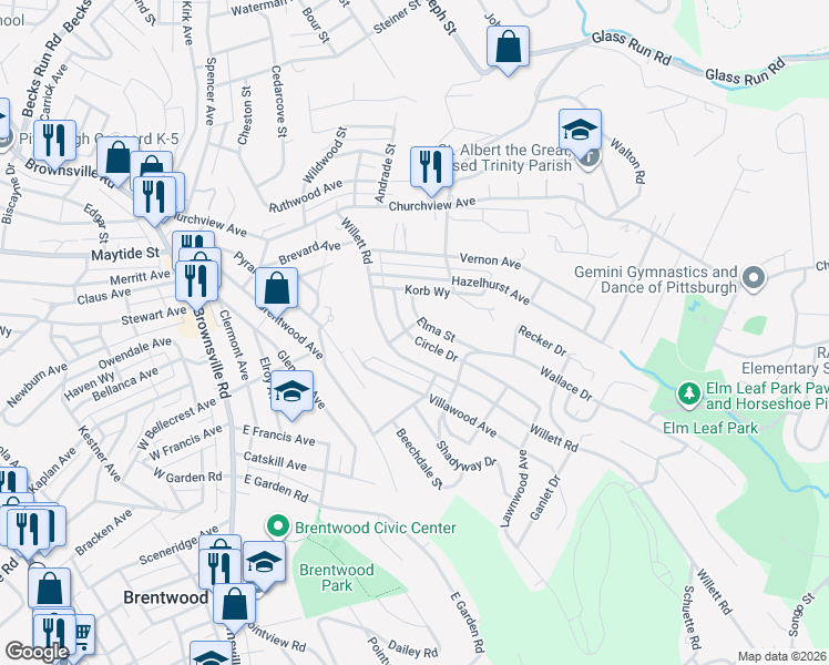 map of restaurants, bars, coffee shops, grocery stores, and more near 3125 Willett Road in Pittsburgh