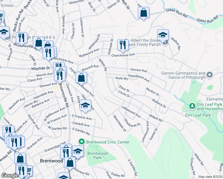 map of restaurants, bars, coffee shops, grocery stores, and more near 3104 Willett Road in Pittsburgh