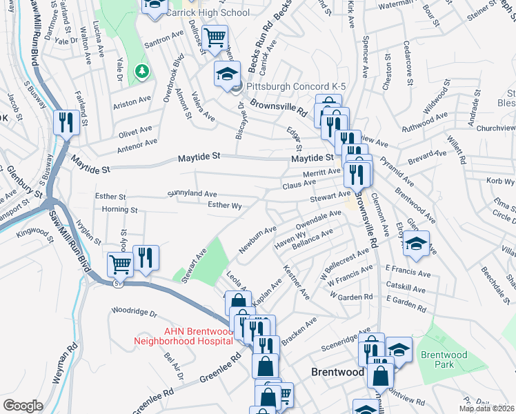map of restaurants, bars, coffee shops, grocery stores, and more near 204 Newburn Avenue in Pittsburgh