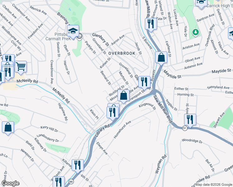 map of restaurants, bars, coffee shops, grocery stores, and more near 304 Pinecastle Avenue in Pittsburgh