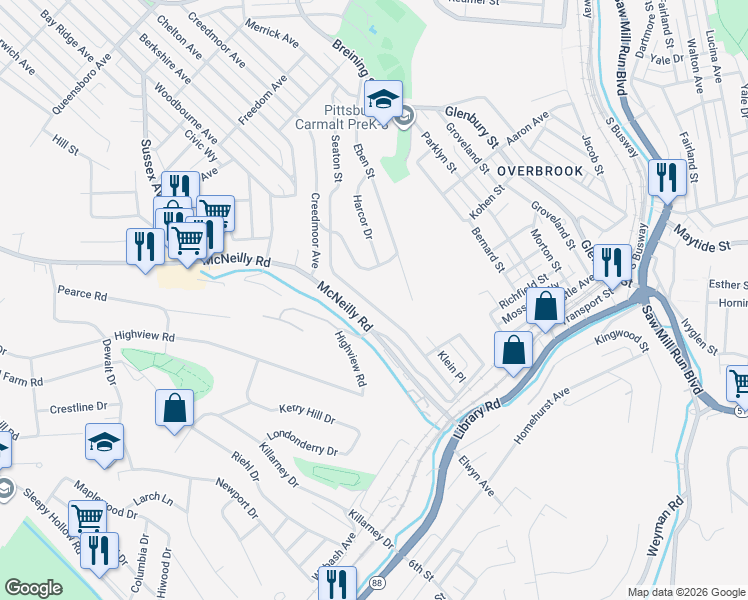 map of restaurants, bars, coffee shops, grocery stores, and more near 2527 Romine Avenue in Pittsburgh