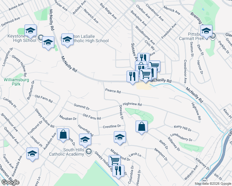 map of restaurants, bars, coffee shops, grocery stores, and more near 435 Dewalt Drive in Pittsburgh